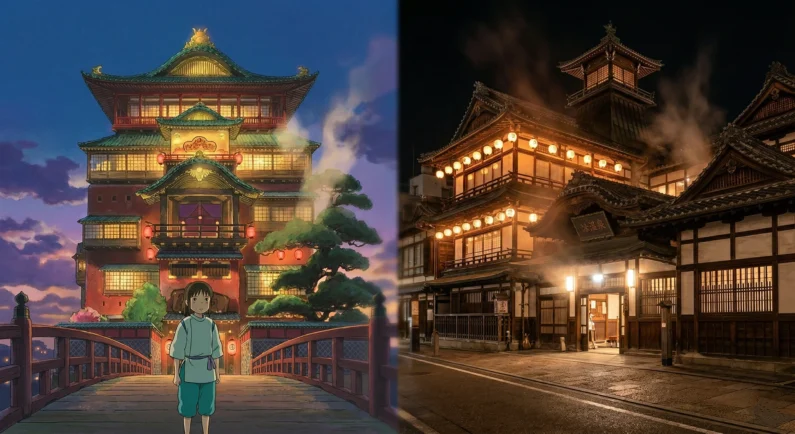 El viaje de chihiro: 5 lugares de japón que debes visitar - portada inspiracion viaje chihiro dogo onsen Un montaje visual dividido que muestra a chihiro frente a la casa de baños animada aburaya y una foto real del dogo onsen honkan iluminado por la noche.