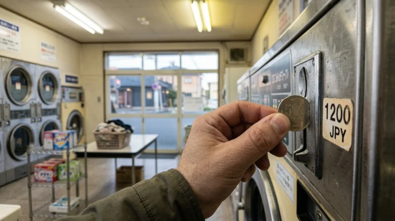 Cómo lavar ropa en japón de forma fácil y rápida en las lavanderías (coin laundry) - precio lavanderia automatica monedas japon Primer plano macro de una mano metiendo una moneda de 500 yenes en una lavadora con una pegatina de precio de 1200 jpy