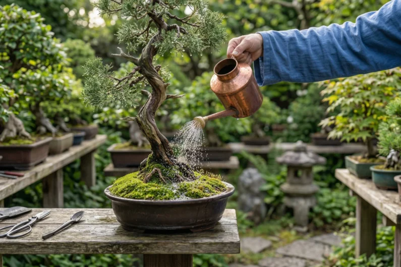 Guía esencial para no matar a tu primer bonsai japonés - regar bonsai cuidados basicos regadera cobre Primer plano de una regadera de cobre japonesa vertiendo una lluvia fina de agua sobre el musgo verde de la maceta de un bonsái.