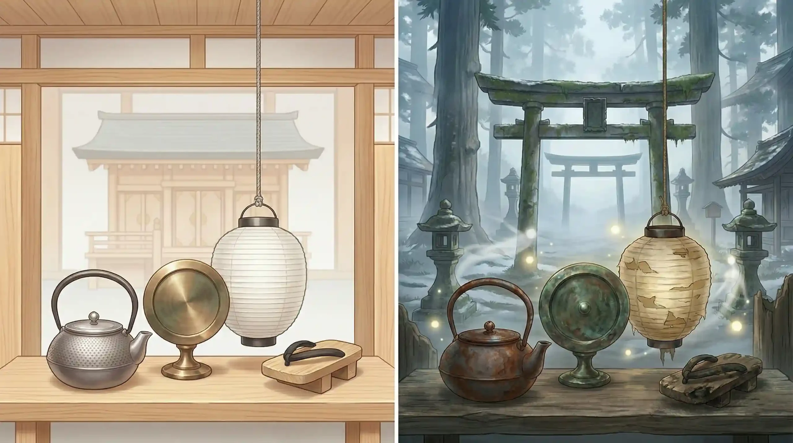 El misterio de los tsukumogami y los objetos que cobran vida al cumplir 100 años - regla 100 anos origen tsukumogami scaled Una ilustración conceptual dividida que muestra el mismo conjunto de objetos domésticos japoneses (tetera, espejo, farol, sandalia) nuevos y brillantes en la parte superior, y viejos, desgastados y rodeados de orbes de luz espiritual en la parte inferior, con un santuario sintoísta al amanecer de fondo.