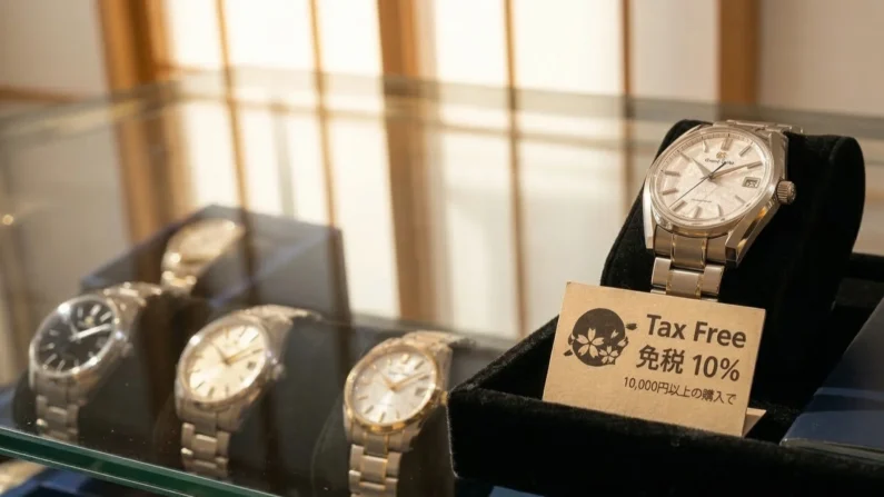 Guía de bic camera y yodobashi: ¿dónde es mejor comprar tecnología en japón? - relojes grand seiko descuento tax free japon Reloj de lujo japonés grand seiko sobre terciopelo negro junto a un cartel de tax free.