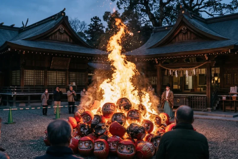 El mágico ritual del daruma y su significado real - ritual daruma kuyo quema templos japon Fotografía de una gran hoguera en la noche consumiendo cientos de muñecos daruma rojos, con chispas y cenizas volando en el aire.