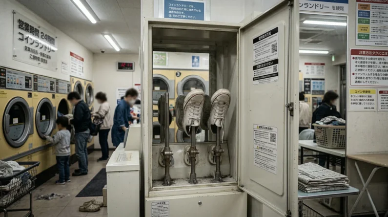Cómo lavar ropa en japón de forma fácil y rápida en las lavanderías (coin laundry) - secadora zapatos japon soportes metal Interior de una máquina secadora de zapatos japonesa con varillas de metal sosteniendo un par de zapatillas húmedas
