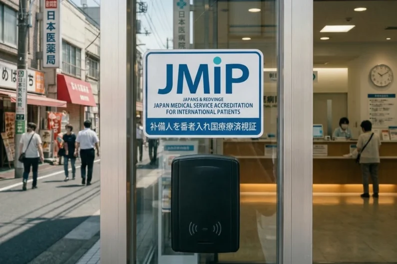 Servicios de emergencia en japón: qué hacer si necesitas un médico o policía - seguro medico japon hospitales jmip hoken Fotografía de una puerta de cristal de hospital con la pegatina jmip para pacientes internacionales y una tarjeta de seguro médico detrás.