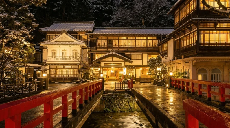 El viaje de chihiro: 5 lugares de japón que debes visitar - sekizenkan ryokan shima onsen puente rojo ghibli Una fotografía nocturna del sekizenkan ryokan, que destaca el puente de madera rojo brillante que cruza un río hacia la entrada principal del edificio tradicional de madera.