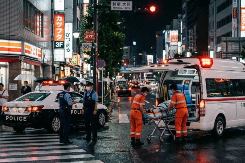 Servicios de emergencia en japón: qué hacer si necesitas un médico o policía - servicios emergencia japon medico policia Fotografía documental nocturna de paramédicos y policías japoneses atendiendo una emergencia bajo la lluvia en un cruce iluminado por neones en shinjuku.