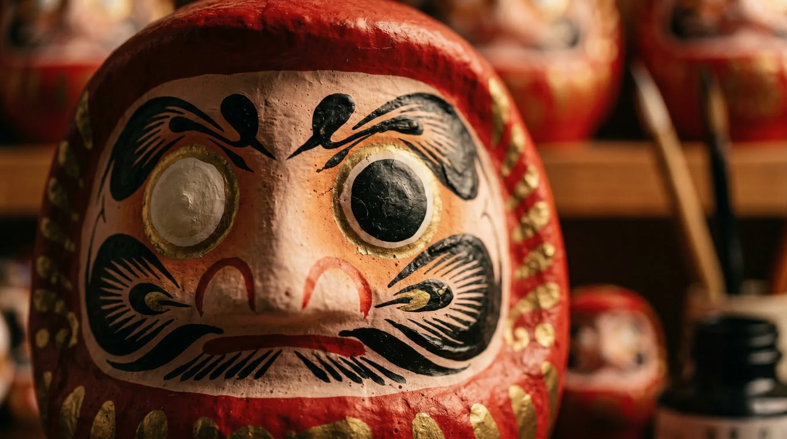 El mágico ritual del daruma y su significado real - simbolismo cara daruma grullas tortugas scaled Fotografía macro de la cara de un daruma mostrando los detalles de la pintura negra que forma cejas como grullas y bigotes como tortugas.