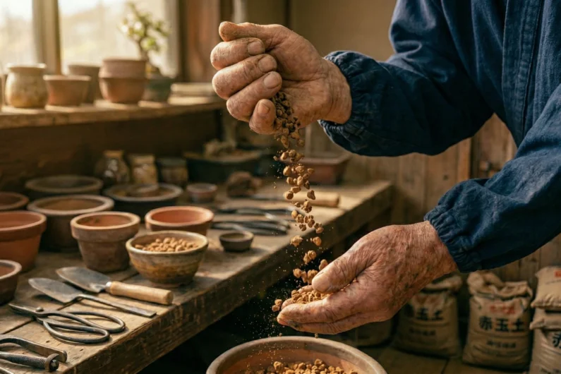 Guía esencial para no matar a tu primer bonsai japonés - sustrato akadama tierra secreto bonsai Primer plano macro de manos sosteniendo y dejando caer gránulos de tierra rojiza porosa llamada akadama.