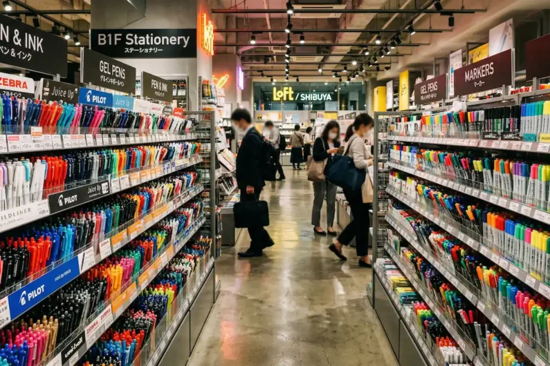 Papelería japonesa en tokio: visita itoya ginza y loft shibuya - tiendas papeleria tokio loft Fotografía documental gran angular de un pasillo en la tienda loft de shibuya mostrando estanterías repletas de coloridos bolígrafos y clientes japoneses difuminados al fondo.