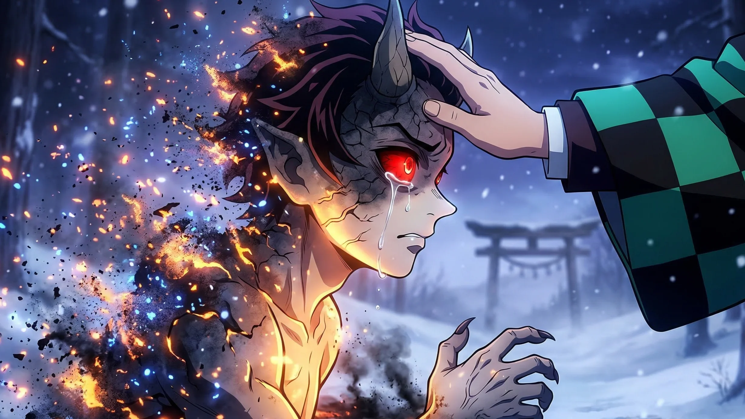 10 secretos de demon slayer (kimetsu no yaiba) que te volarán la cabeza - tragedia oni demon slayer liberacion espiritual Oni recuperando su humanidad mientras se desintegra bajo el gesto de compasión de tanjiro, simbolizando la liberación espiritual del alma japonesa.