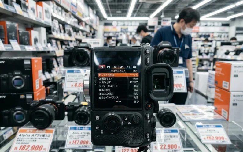 Guía de bic camera y yodobashi: ¿dónde es mejor comprar tecnología en japón? - trampa camaras sony japon idioma Fotografía macro de la pantalla de una cámara sony mostrando el menú de opciones exclusivamente en caracteres japoneses.