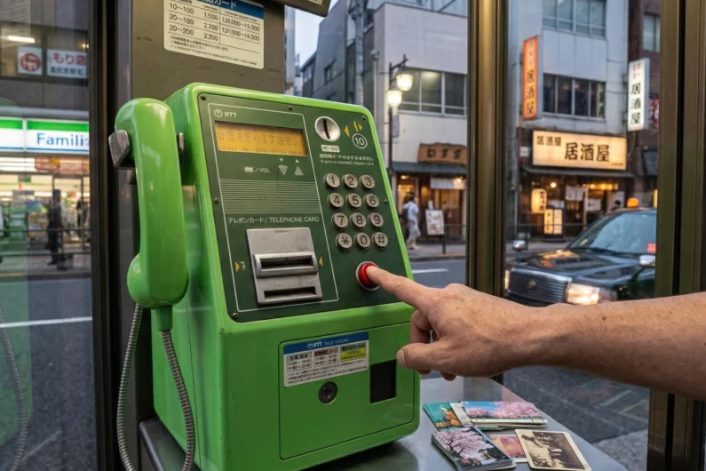 Servicios de emergencia en japón: qué hacer si necesitas un médico o policía - truco boton rojo emergencia telefono publico gratis japon El botón rojo de emergencia en un teléfono público verde japonés.