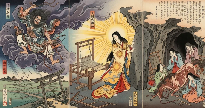 Amaterasu diosa del sol y el mágico origen de japón: guía de santuarios - ukiyo e amaterasu susanoo kojiki leyenda cueva ama no iwato japon Un tríptico restaurado de ukiyo-e, capturando la leyenda del kojiki sobre la caótica llegada de susanoo y la huida de la diosa amaterasu a la cueva ama no iwato.