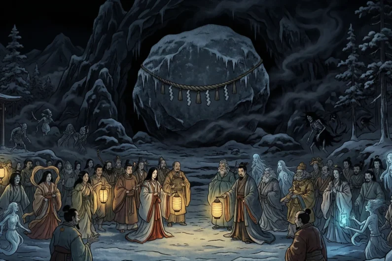 Amaterasu diosa del sol y el mágico origen de japón: guía de santuarios - ukiyo e invierno perpetuo mundo sin sol amaterasu amano iwato japon Representación del mundo sumido en la oscuridad perpetua, con la cueva amano-iwato sellada y los ocho millones de dioses reuniéndose en la desesperación y el caos.