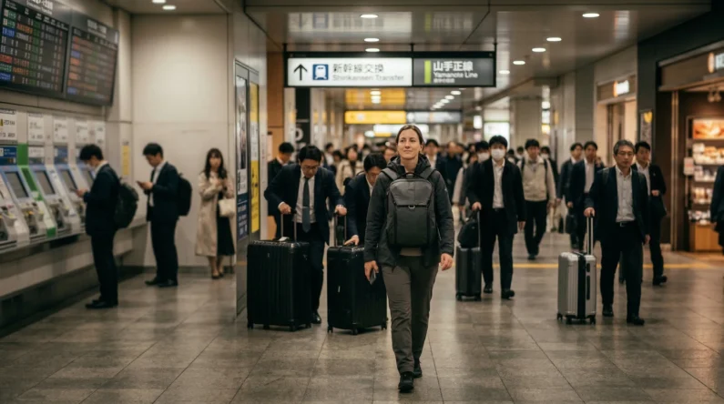 Cómo lavar ropa en japón de forma fácil y rápida en las lavanderías (coin laundry) - viajar ligero mochila japon estacion Viajero relajado con una pequeña mochila caminando por una estación de tren, mientras gente desenfocada arrastra grandes maletas al fondo
