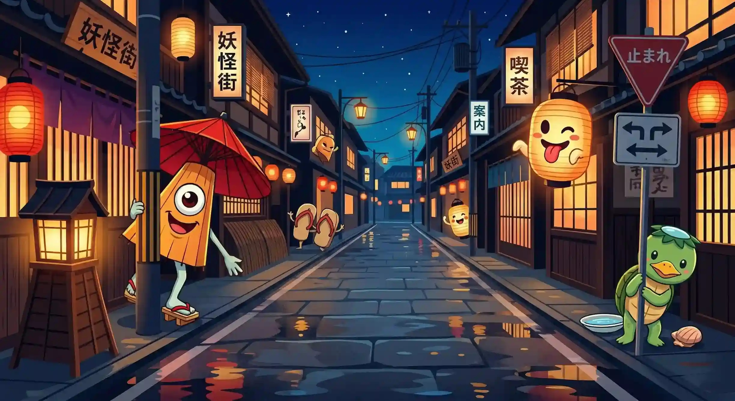 El misterio de los tsukumogami y los objetos que cobran vida al cumplir 100 años - visita calle yokai kioto cute Una ilustración gráfica y estilizada que muestra la taishogun shotengai (calle de los yokai) de kioto por la noche, con varios yokai amigables asomándose.