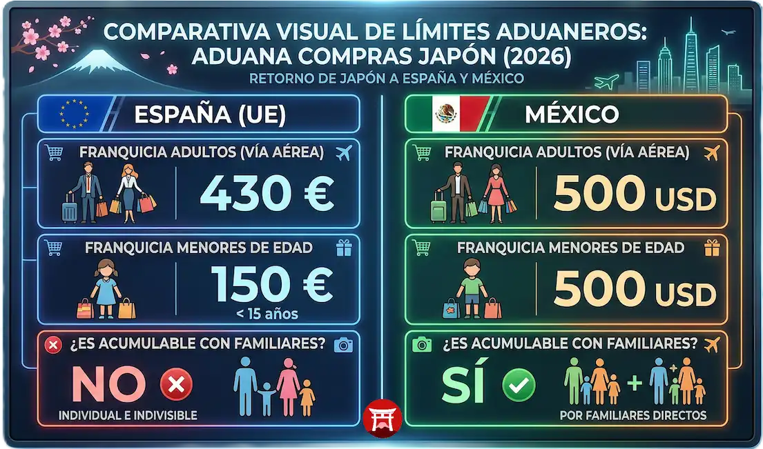 Aduana compras japón: ¿cuánto puedes traer sin pagar? (2026) - limites aduana compras japon 2026 espana vs Infografía que compara los límites de franquicia aduanera para viajeros que regresan de japón a españa y méxico en 2026. Muestra valores de exención para adultos (430€ españa, 500 usd méxico), menores de edad, y aclara que no es acumulable en españa (individual) pero sí es acumulable en méxico por familiares directos.