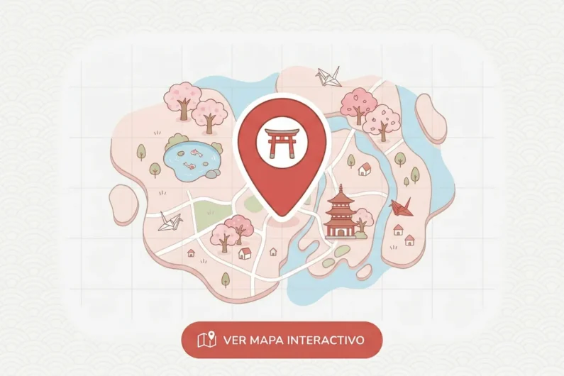 Los 5 templos más embrujados de japón: guía de turismo oscuro - mapa interactivo Mapa ilustrado de una isla japonesa con un pin central de un santuario torii coral y un estanque de peces koi. Un botón dice 'ver mapa interactivo' en español.