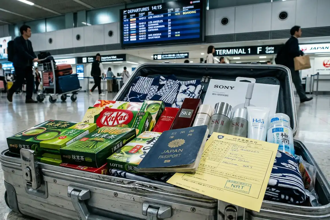 Aduana compras japón: ¿cuánto puedes traer sin pagar? (2026) - aduana compras japon limites impuestos 2026 Maleta plateada abierta en el suelo del aeropuerto de narita llena de cosméticos japoneses, dulces y electrónica, con un pasaporte y un formulario de aduanas encima.