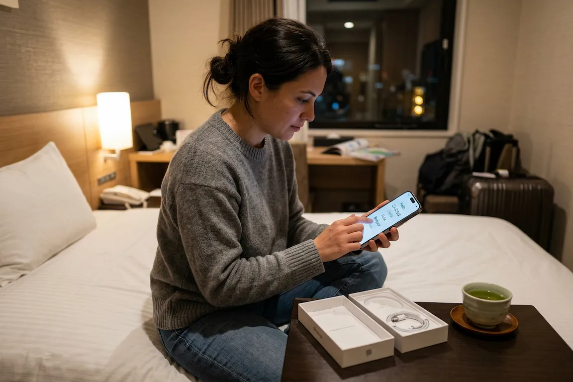 ¿vale la pena comprar un iphone en japón? Precios y guía 2026 - aduanas iphone japon uso personal Viajera sentado en la cama de un hotel en tokio configurando su nuevo iphone recién sacado de la caja, que muestra la pantalla de inicio "hola".