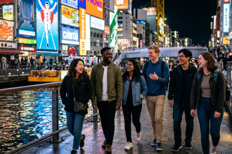 Guía de cómo hacer amigos en japón siendo extranjero - amigos nakama osaka dotonbori Grupo de amigos caminando y riendo bajo los brillantes carteles de neón de dotonbori en osaka. Guía para hacer amigos en japón