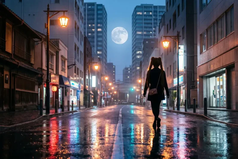 Top 8 mejores opening de anime de los 90 - azabu juban noche sailor moon tokio Calle nocturna de azabu-juban en tokio con reflejos de lluvia y la luna llena en el cielo.