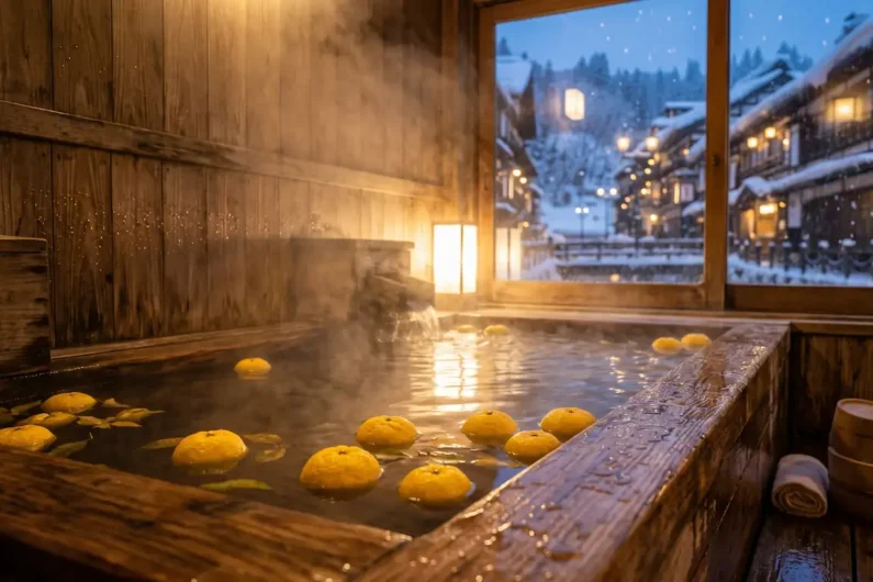Calendario gastronómico de japón: 24 estaciones y sus sabores - bano yuzu toji ginzan onsen Frutos de yuzu flotando en agua humeante dentro de una bañera de madera japonesa