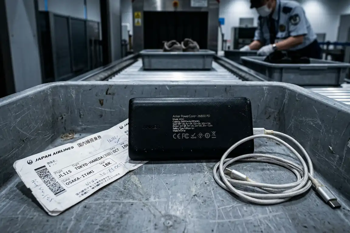 Medidas maleta cabina ana y jal: ¿son estrictas en 2026? - baterias externas power bank equipaje mano japon Bandeja de plástico gris de seguridad de aeropuerto conteniendo un power bank negro pesado, un cable blanco y una tarjeta de embarque japonesa.