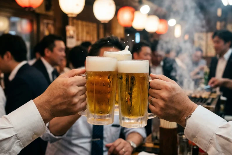Guía de izakayas: cómo pedir y comer en la taberna japonesa - brindis kampai cerveza izakaya nomihodai Primer plano de tres jarras de cristal llenas de cerveza con mucha espuma chocando en un brindis, con el fondo desenfocado de un izakaya japonés.
