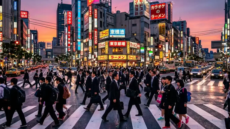 Guía maestra de la sociedad, vida e idioma en japón - calle concurrida tokio atardecer paso cebra neones Calle concurrida de tokio al atardecer con oficinistas y estudiantes cruzando un paso de cebra bajo luces de neon y carteles luminosos. Guía maestra de la sociedad, vida e idioma japonés