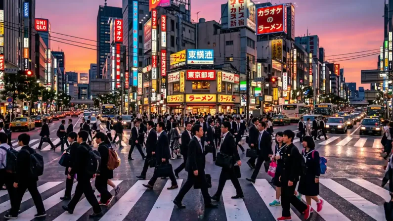 Guía maestra de la sociedad, vida e idioma en japón - calle concurrida tokio atardecer paso cebra neones Calle concurrida de tokio al atardecer con oficinistas y estudiantes cruzando un paso de cebra bajo luces de neon y carteles luminosos. Guía maestra de la sociedad, vida e idioma japonés