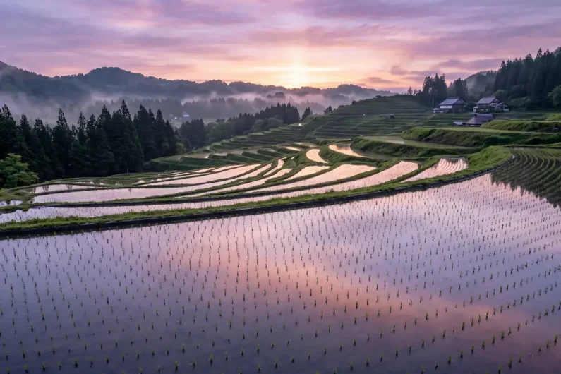 Calendario gastronómico de japón: 24 estaciones y sus sabores - campos arroz niigata boshu japon Terrazas de arroz inundadas en niigata al amanecer con reflejos perfectos del cielo.