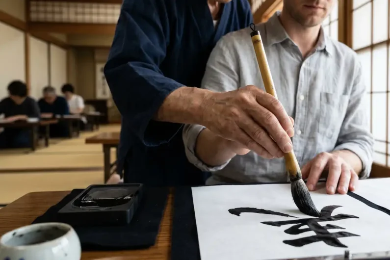 Guía de cómo hacer amigos en japón siendo extranjero - clase caligrafia shodo uchi japon Primer plano de manos practicando caligrafía japonesa con pincel y tinta negra sobre papel tradicional.