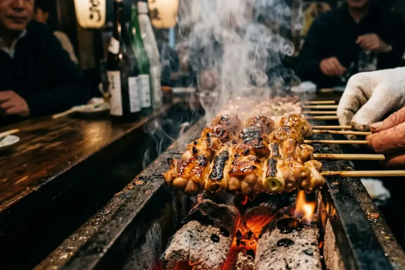Guía de izakayas: cómo pedir y comer en la taberna japonesa - comida izakaya brochetas yakitori carbon Brochetas de pollo glaseadas cocinándose en una parrilla rectangular llena de brasas rojas ardientes con mucho humo blanco alrededor.