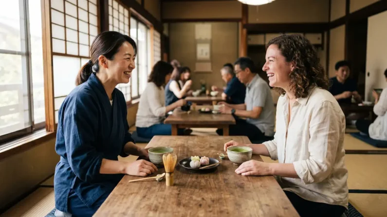 Guía de cómo hacer amigos en japón siendo extranjero - como hacer amigos japon socializar te matcha Fotografía de una japonesa y una extranjera sonriendo y compartiendo un té matcha y dulces tradicionales en una taberna acogedora de kioto.