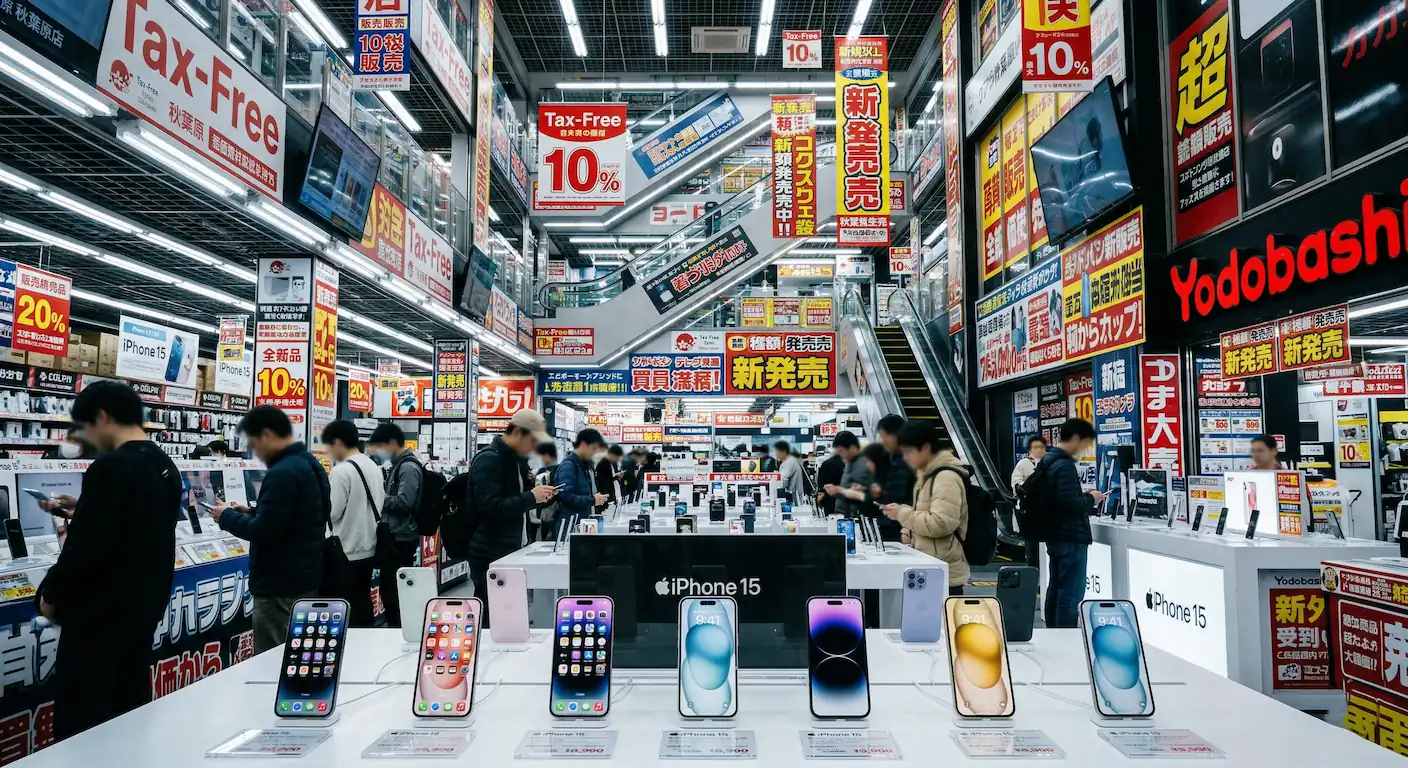 ¿vale la pena comprar un iphone en japón? Precios y guía 2026 - comprar iphone japon bic camera yodobashi Pasillo principal de una tienda yodobashi camera en japón, lleno de clientes, carteles rojos de tax-free y mesas exhibiendo los últimos modelos de iphone.