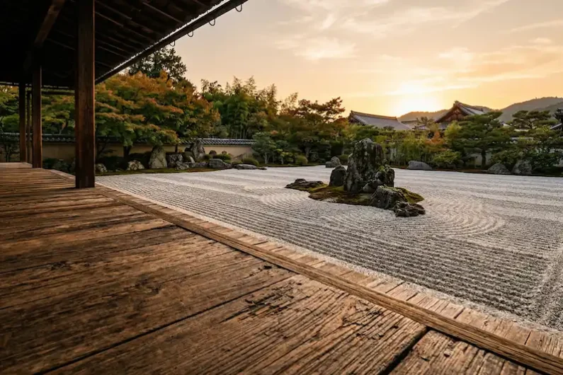 El arte del silencio y la piedra: guía para entender un jardín zen - contemplar jardin zen engawa kioto Fotografía desde una pasarela de madera vieja mirando hacia un jardín japonés de arena blanca rastrillada iluminado por el sol del atardecer.