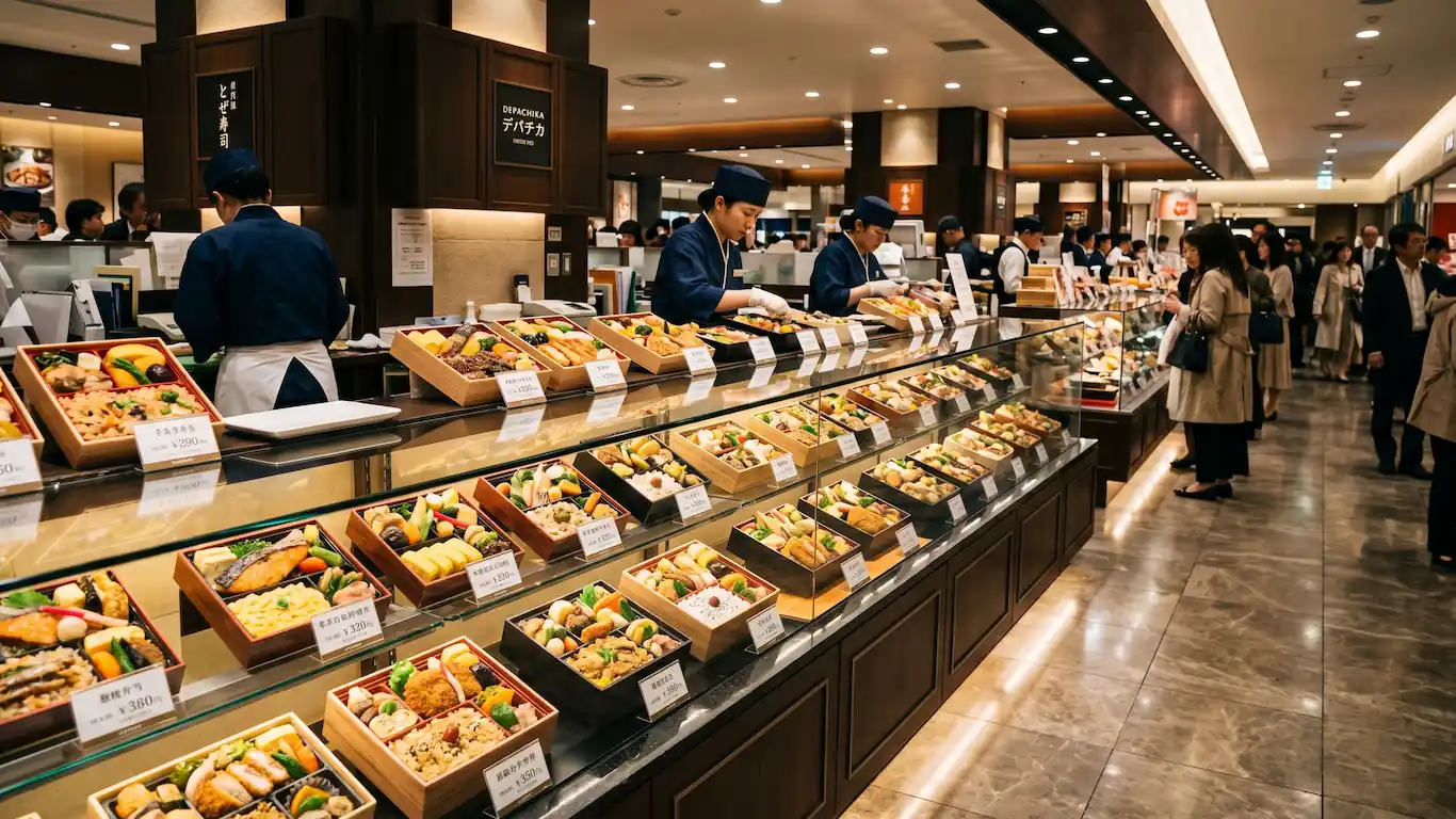 Cultura del bento: el arte de la caja de comida para llevar en japón - depachika shinjuku bento gourmet Mostradores de cristal llenos de cajas bento gourmet en el sótano de unos grandes almacenes en tokio.