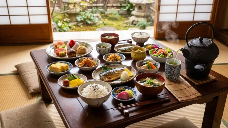Guía maestra de gastronomía y recetas japonesas - desayuno tradicional japones washoku mesa madera Mesa de madera con variedad de platos de un desayuno tradicional japones washoku, incluyendo arroz, sopa miso, pescado a la parrilla, dulces wagashi y una tetera de hierro humeante. Guía maestra de gastronomía y recetas japonesas