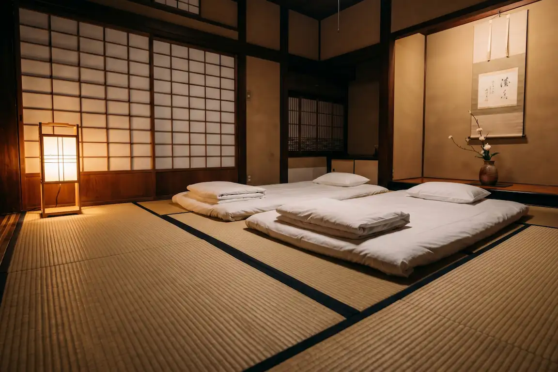 Dormir en una machiya: la experiencia más auténtica de japón - dormir en futon tatami machiya Futón blanco extendido sobre suelo de paja tejida en una habitación japonesa minimalista.