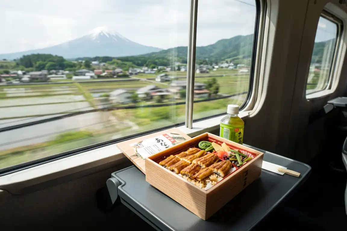 Cultura del bento: el arte de la caja de comida para llevar en japón - ekiben shinkansen viaje gastronomico Caja de comida bento abierta sobre la mesa de un tren bala japonés con vistas al exterior.