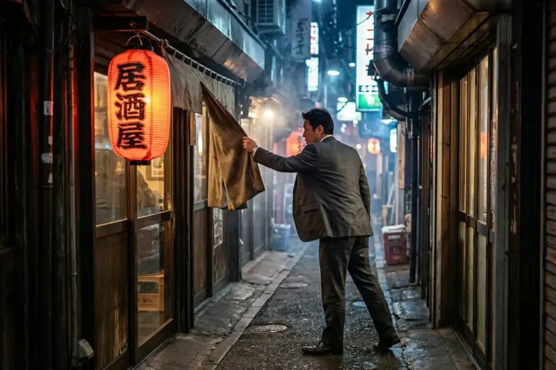 Guía de izakayas: cómo pedir y comer en la taberna japonesa - entrada izakaya linterna roja japon Entrada de madera de una taberna japonesa iluminada por un farolillo rojo de papel por la noche, con un hombre en traje apartando la cortina de la puerta.