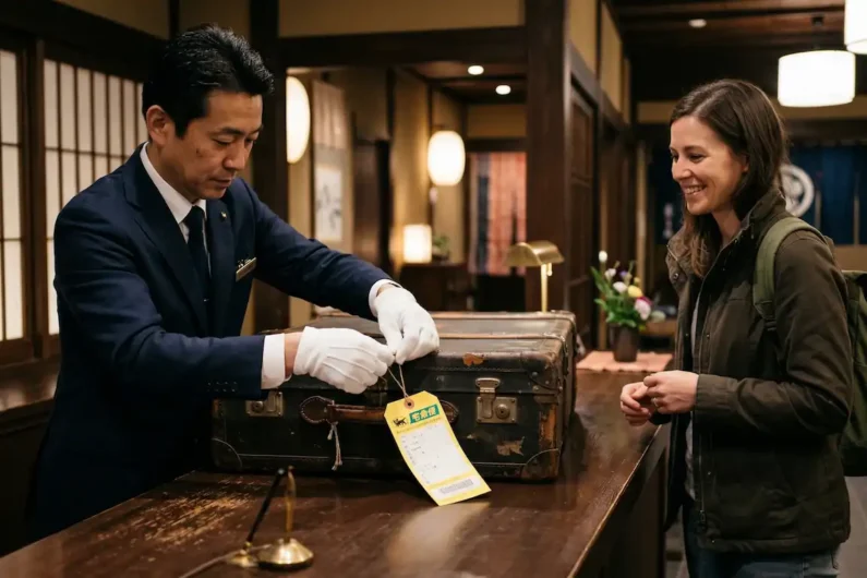 Medidas maleta cabina ana y jal: ¿son estrictas en 2026? - envio maletas japon servicio takkyubin Recepcionista de hotel con guantes blancos atando una etiqueta de envío amarilla a una maleta grande, permitiendo al turista viajar solo con mochila.