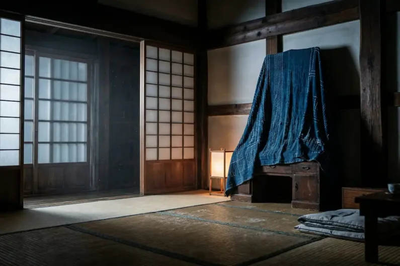 Supersticiones japonesas y tabúes: números, palillos y espejos - espejos cubiertos noche supersticion japon Habitación tradicional japonesa de noche con suelo de tatami y un espejo de tocador antiguo cubierto por una tela azul oscuro tejida.