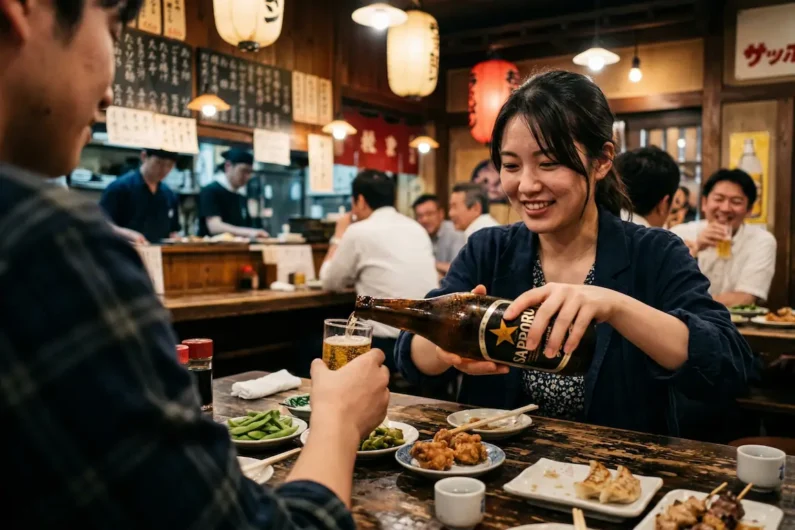 Guía de izakayas: cómo pedir y comer en la taberna japonesa - etiqueta social servir bebida izakaya Mujer japonesa sirviendo respetuosamente cerveza de una botella de cristal grande al vaso de un compañero en una mesa de madera.