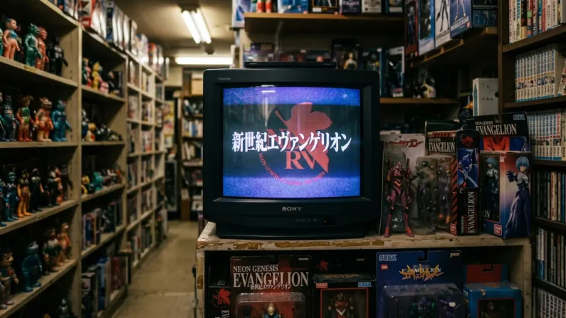 Top 8 mejores opening de anime de los 90 - evangelion nakano broadway vintage tv Televisor antiguo sony en una tienda oscura de nakano broadway con el logo de evangelion en pantalla.