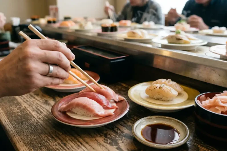 Guía de kaitenzushi (sushi de cinta) y trucos para aprovechar el buffet - experiencia sushi kaiten persona palillos atun nigiri Primer plano de una persona con un anillo de plata usando palillos de madera para coger sushi nigiri de atún de alta calidad de un plato rojo en un restaurante de cinta transportadora kaitenzushi. En la mesa de madera rústica hay otros platos de sushi de vieiras y salmón-aguacate, salsa de soja y un tazón de gari (jengibre encurtido). El fondo muestra la cinta transportadora y a otros comensales borrosos.