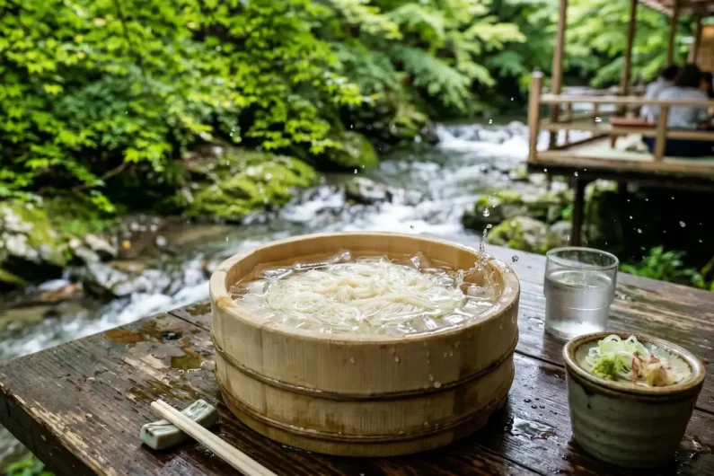 Calendario gastronómico de japón: 24 estaciones y sus sabores - fideos somen verano kibune kioto Cuenco de bambú con fideos somen blancos e hielos sobre una mesa de madera junto a un río en japón