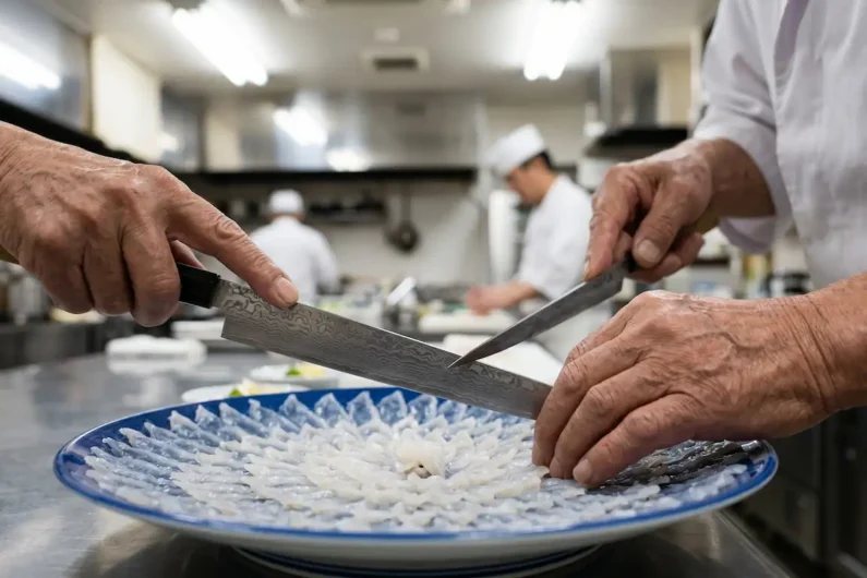 Calendario gastronómico de japón: 24 estaciones y sus sabores - fugu sashimi chef invierno japon Manos de un chef japonés cortando láminas casi transparentes de pescado sobre un plato artesanal.
