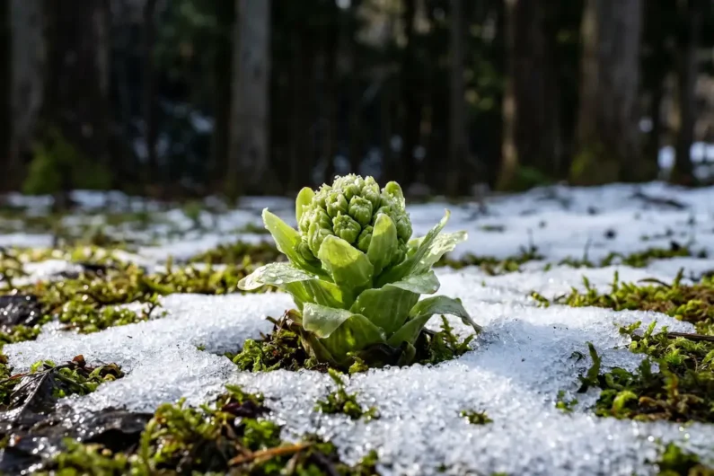 Calendario gastronómico de japón: 24 estaciones y sus sabores - fukunoto primavera japon arashiyama Un brote de fukunoto verde entre restos de nieve en un bosque de kioto